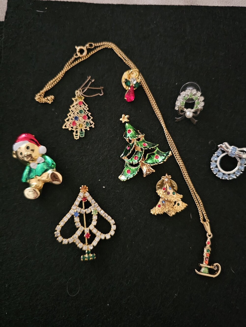 Vintage Gold-Tone Green and Red Christmas Tree Pendant Necklace Bundle